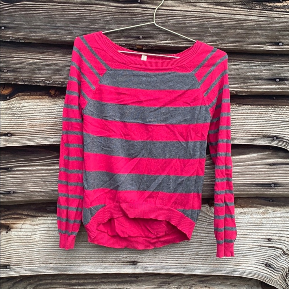 Pink/red stripe sweater high low elbow patches Size S